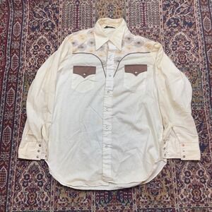 VTG 70s Sears Western Wear Pearl Snap Shirt Cream Embroidered Atomic XL USA Rare